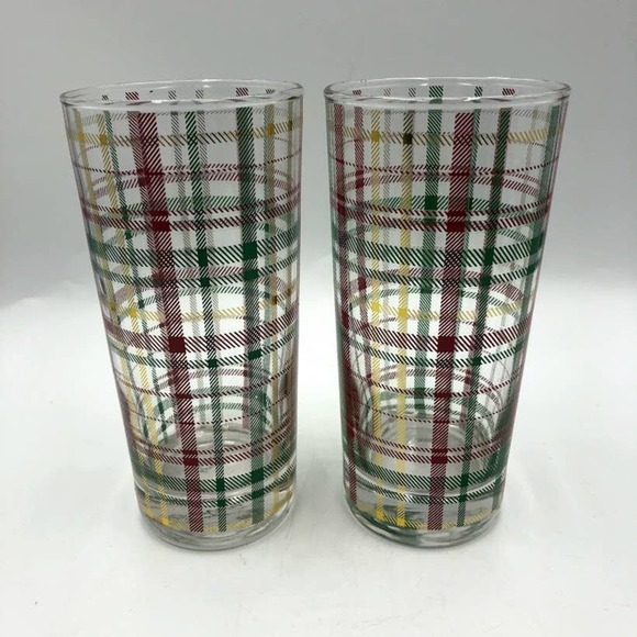 Plaid Glass Tumblers Set of 2 Red Green Yellow - Picture 3 of 6